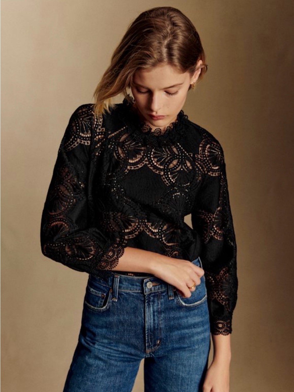 Sezane Bianca Black Lace High Neck Long Sleeve Blouse